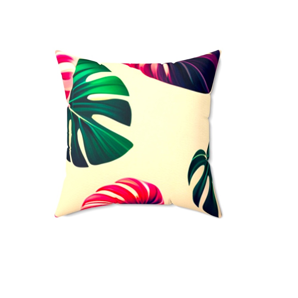 Pink and green monstera leaf pillow